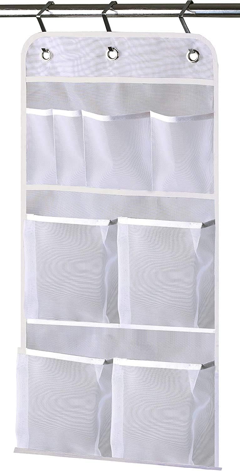 MISSLO Shower Hanging Storage Rail Waterproof Mesh Pockets Caddy Hold 340oz/1000ml Shampoo Organiser Over the Door Hooks, White