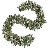HiBean 9 FT Prelit Christmas Garland with Pine Cones, Artificial Snowy Pine Garland for Christmas 50 Battery Operated Warm Lights and Timer Xmas Garlands Decor Indoor Outdoor