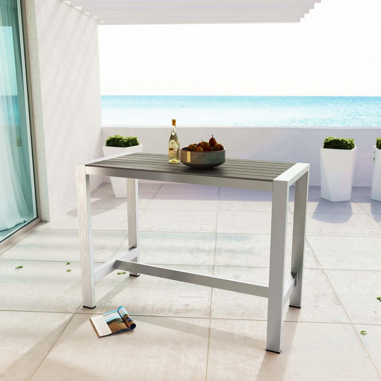 Modway Shore Aluminum Outdoor Patio 60" Rectangle Bar Table in Silver Gray: Garden & Outdoor