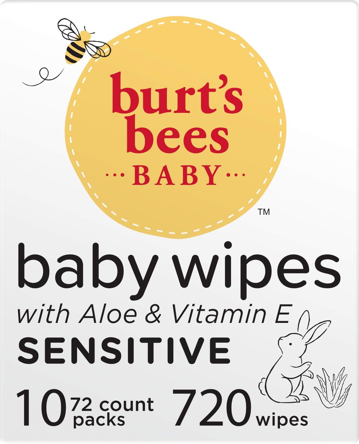 Burt’s Bees Baby Wipes, Unscented Natural for Sensitive Skin with Aloe and Vitamin E - 72 Baby Wipes – 10 Pack