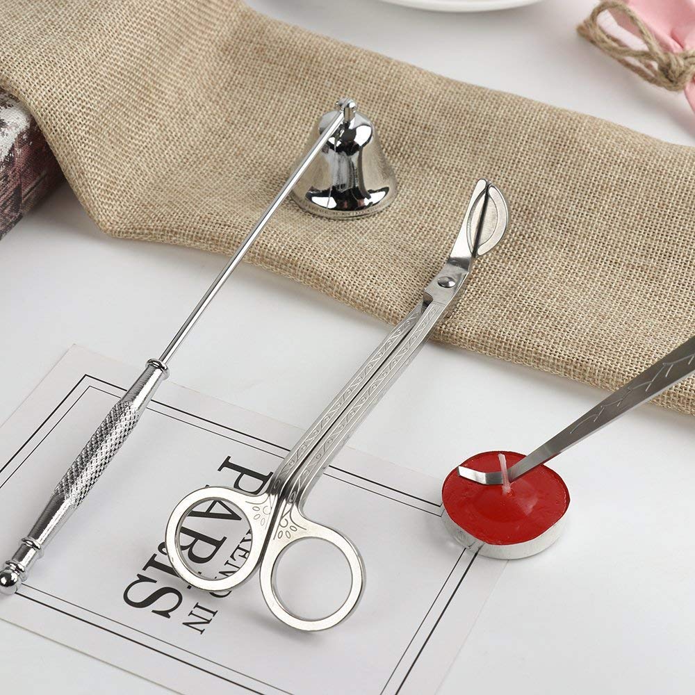 Queta Candle Wick Trimmer,Wick Dipper and Wick Cutter,Bell Snuffer Candle Care Kit Accessories Candle Cover Tool Stainless Steel (Silver 3PCS)