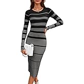MAKABO Women's Long Sleeve Ribbed Sweater Dress Crew Neck Stripes Bodycon Midi Dresses Casual Knit Stretch Outfits