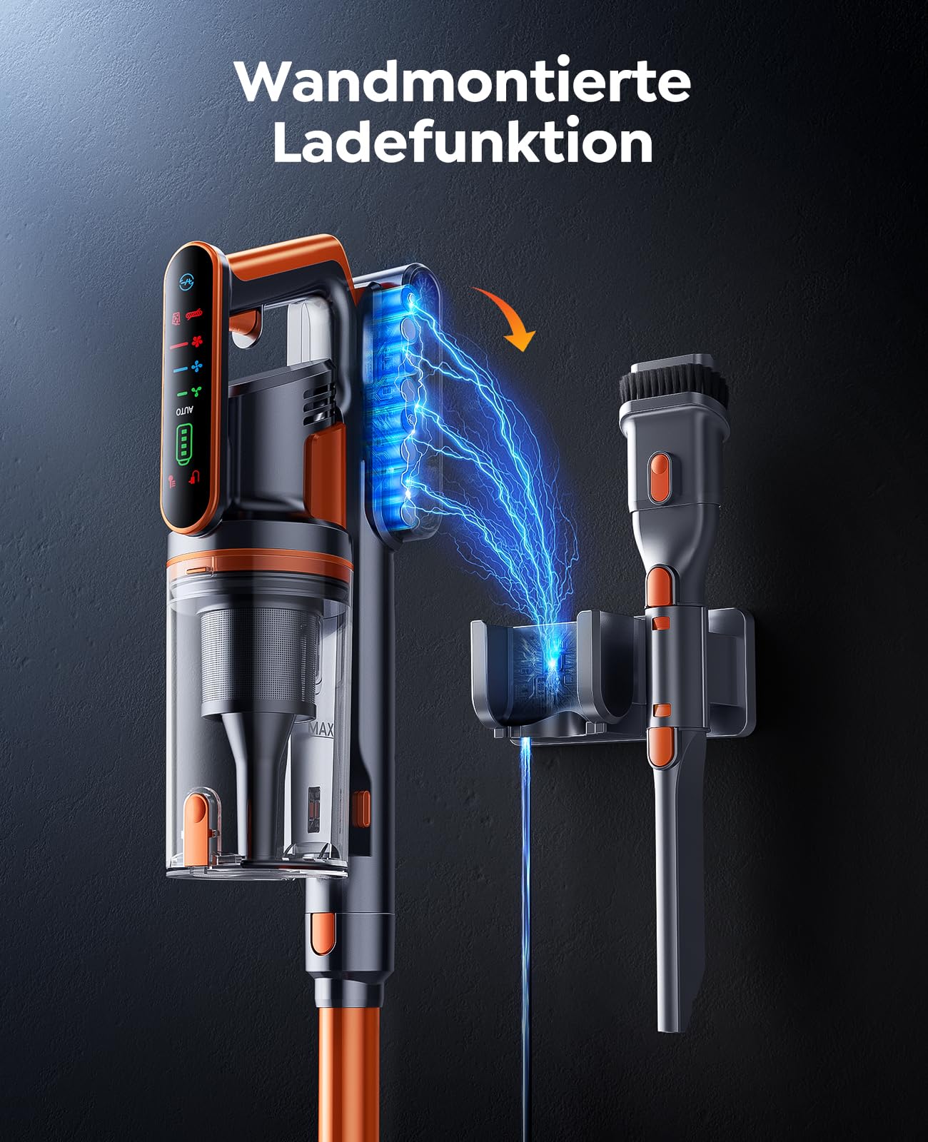 Fieety Akku Staubsauger,600W/50kPa/65Min Staubsauger Kabellos mit Wandmontierte Ladestation, Aromatherapie, Automatikmodus, Touchscreen, 1M Ausziehbarer Schlauch für Hartböden Teppiche Tierhaare Auto 8