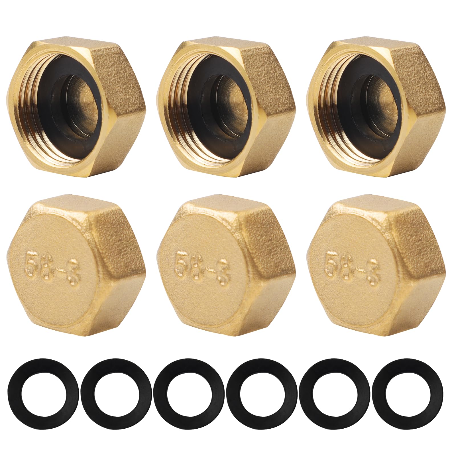 6PCS Brass Blanking Cap, Female Stop Cap, Hex Nut Caps, Plumbing Fittings for Washing Machine Radiator Valve Faucets Tap (3/4 Inch)