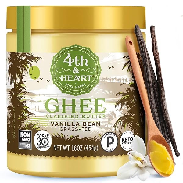 4TH & HEART VANILLA BEAN GRASS-FED GHEE, CLARIFIED BUTTER, 1:1 BUTTER SUBSTITUTE, PASTURE-RAISED, LACTOSE & CASEIN FREE, 16 OZ
