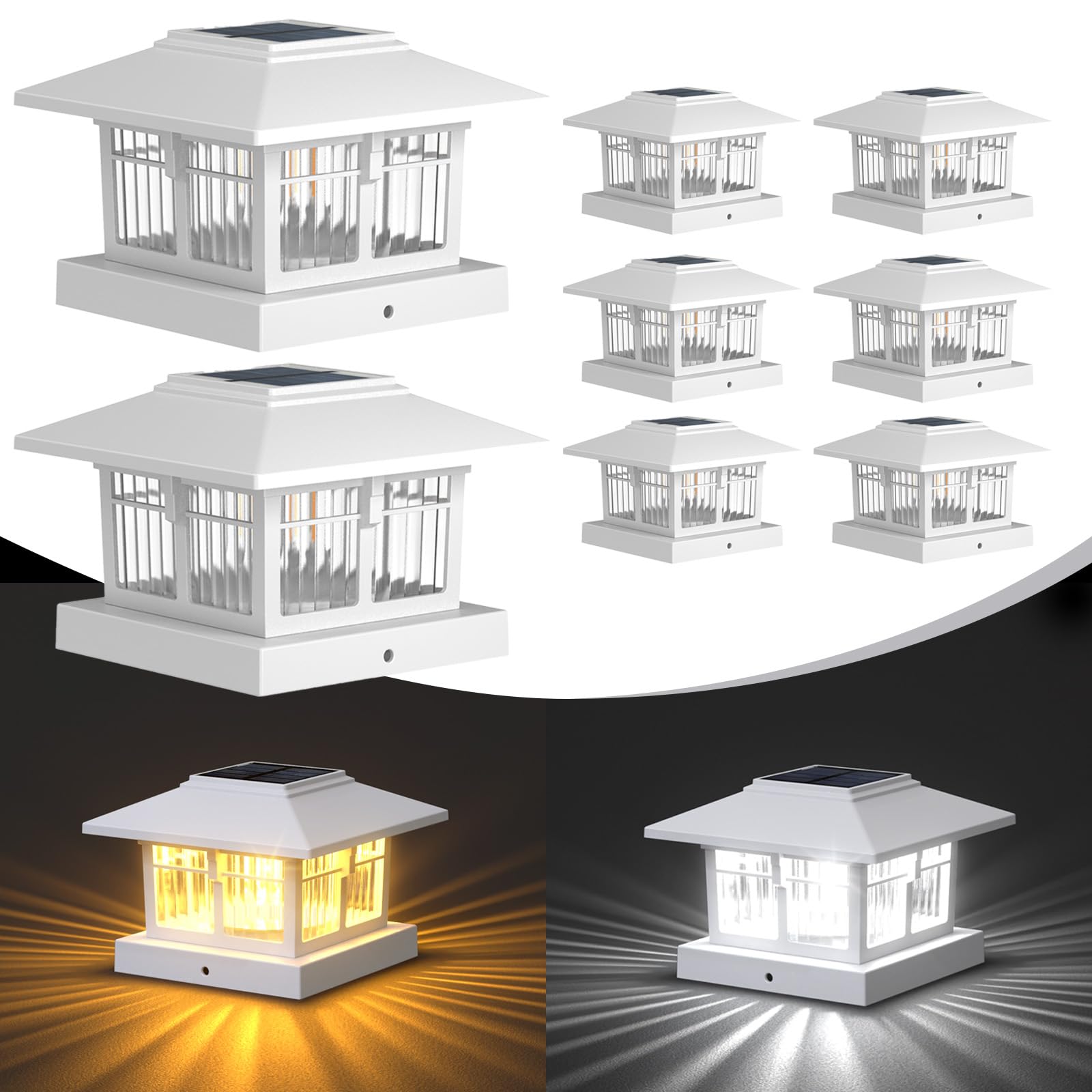 Photo 1 of EXCMARK 4x4 Solar Post Cap Lights, 8 Pack Fence Deck Post Lights Outdoor Solar Powered Waterproof with Two Light Modes Warm&Cool White for Garden Patio Decor. (Classic White, 8)