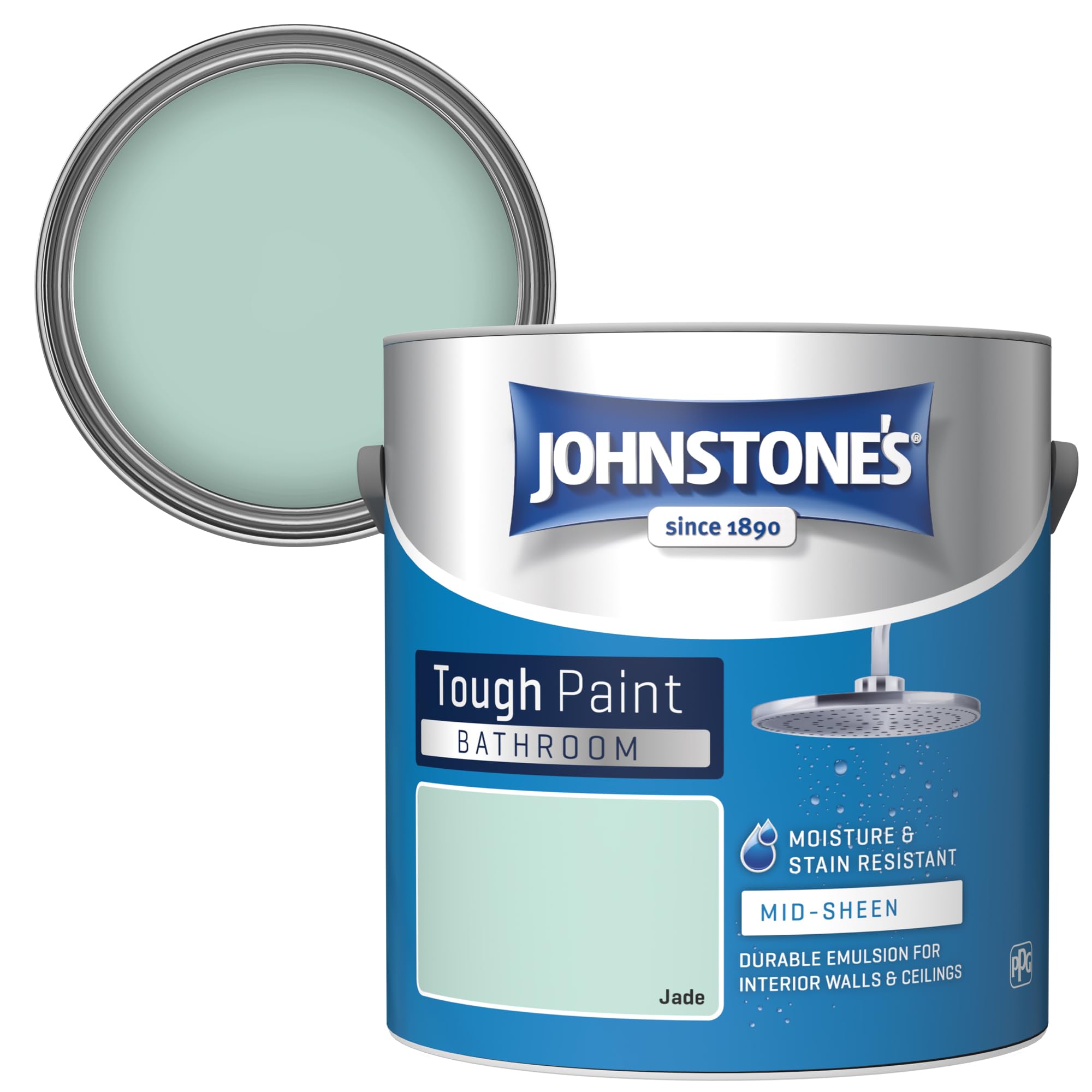 Johnstone's - Bathroom Paint - Jade - Mid Sheen Finish - Stain Blocker Paint - Use in Moist & Damp Areas - Low Odour - Dry in 1-2 Hours - 12m2 Coverage per Litre - 2.5L