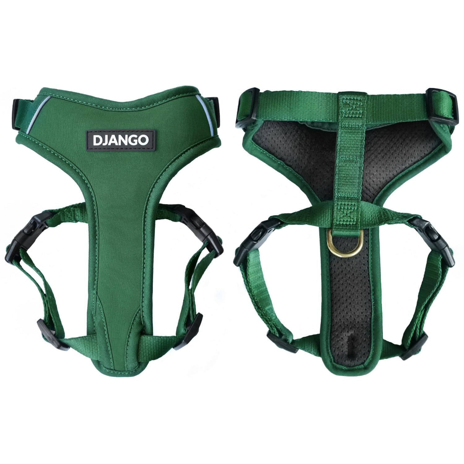Photo 1 of DJANGO Adventure Dog Harness - Stylish and Durable Small Dog Harness for Outdoor Adventures and Everyday Wear - Forest Green Neoprene Adjustable Harness for Dogs with Reflective Piping & Brass D-Ring