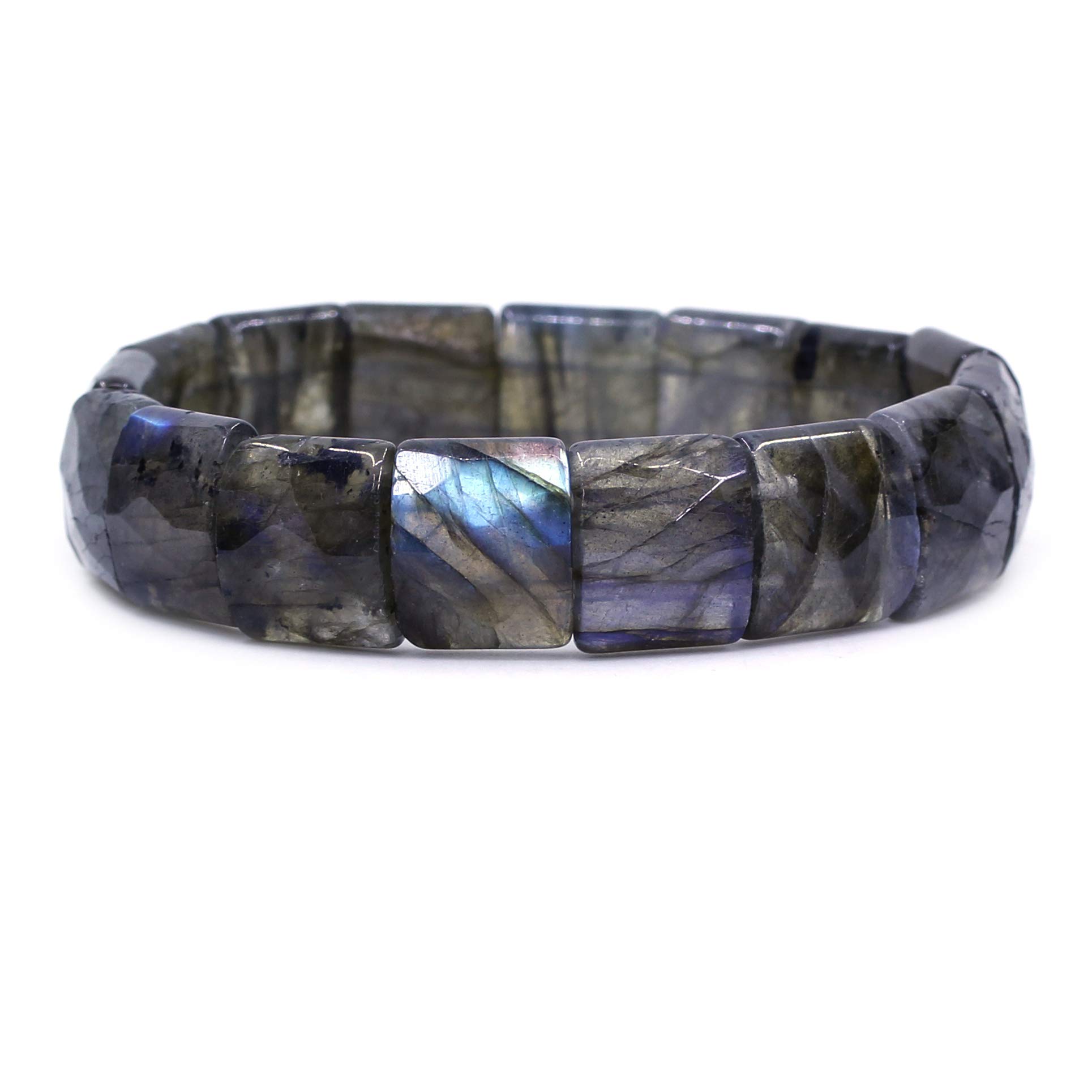 CHENYUE Natural Labradorite Gem Semi Precious Gemstone 15mm Faceted Square Grain Beads Stretch Bracelet 7.5 Inch