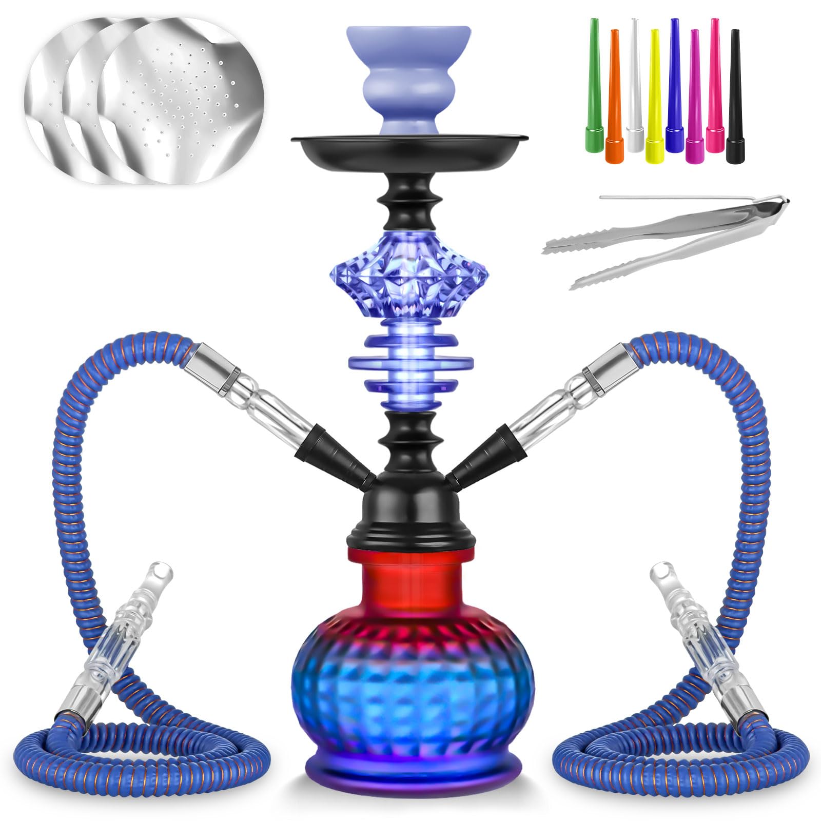 Photo 1 of 12'' Hookah Set 2 Hose Shisha Hookah Set With Everything - Modern Glass Vase, 50 Hookah Foil, 50 Hookah Tips (Blue)