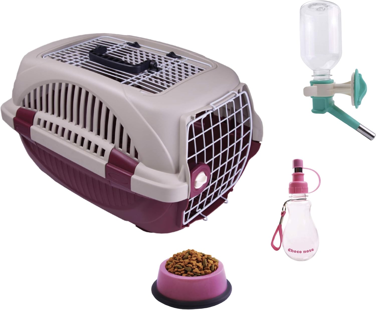 Choco Nose Small Dog Cat Kennel Set. Durable Top Load Two Wire Doors Pet Travel Carrier, Crate for Pets Under 12Lb Toy Breed Puppy Kitten Rabbit Chinchilla. No Drip Animal Water Bottle, Food Bowl Dish
