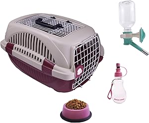 Choco Nose Small Dog Cat Kennel Set. Durable Top Load Two Wire Doors Pet Travel Carrier, Crate for Pets Under 12Lb Toy Breed Puppy Kitten Rabbit Chinchilla. No Drip Animal Water Bottle, Food Bowl Dish