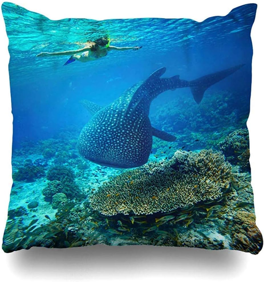 Throw Pillow Case Swimming Blue Shark Young Snorkeling Underwater Looks Endangered Large Whale Sports Recreation Cebu Home Decor Square Pillow Cushion Cover 16x16 Inch Zippered Pillowcase