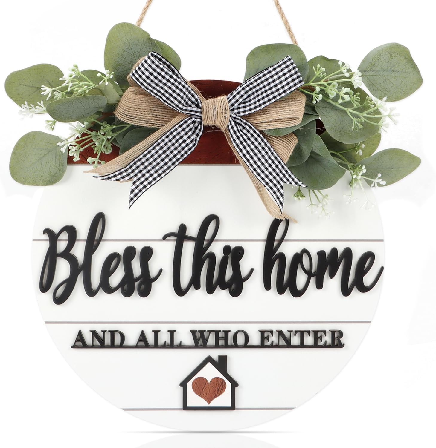 CHDITB 3D Wooden Door Sign - God Bless Our Home Welcome Porch Wall Sign With Bow-knot Wreath - Housewarming Gift for Kitchen, Entryway, Front Door