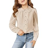 Haloumoning Girls Puff Long Sleeve Shirts Cute Casual Peter Pan Collar Blouse Ruffle Button Down Chiffon Tops 7-14 Years