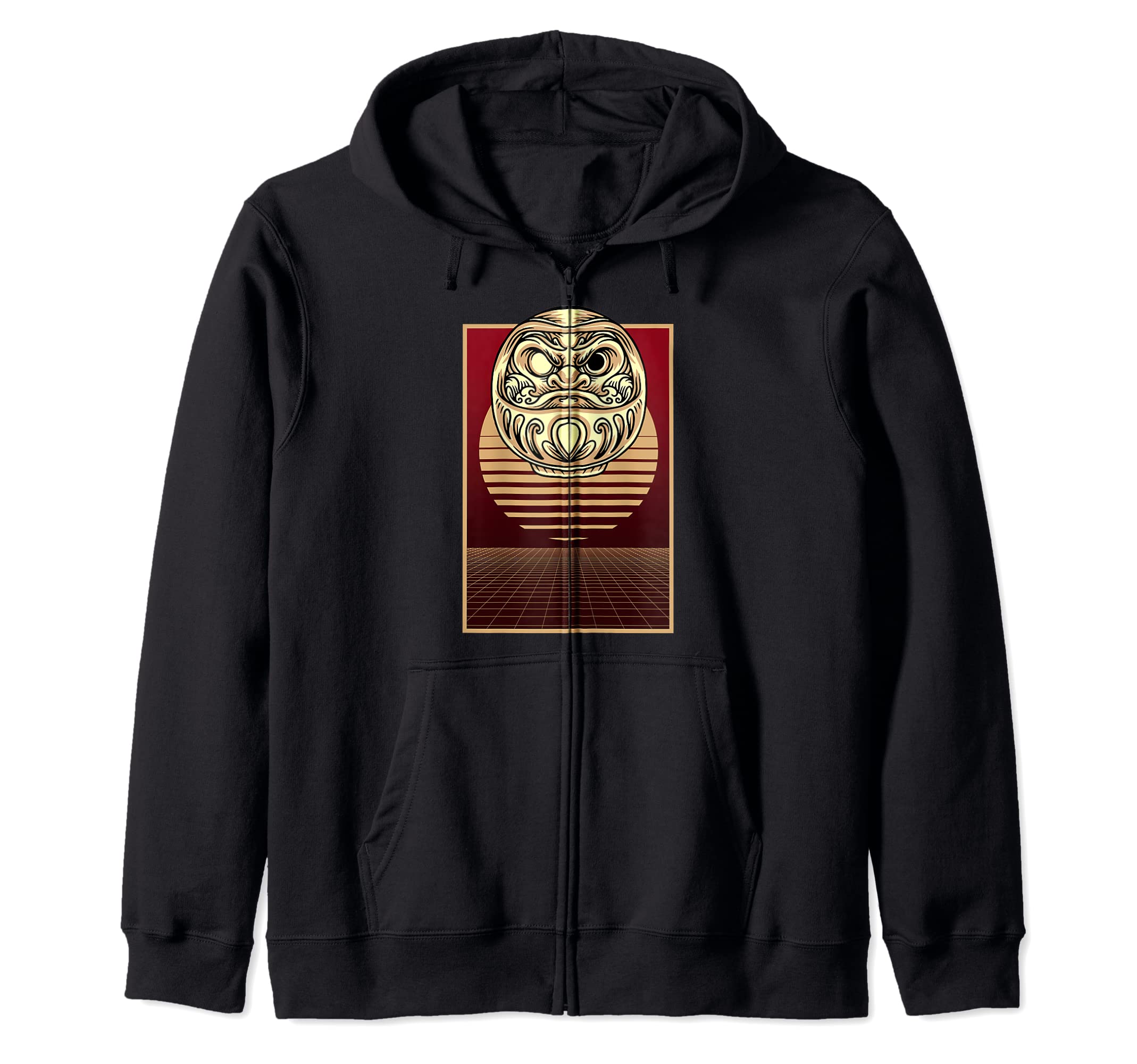 Synthwave Japanese Daruma Doll Rising Japan Sun Zip Hoodie