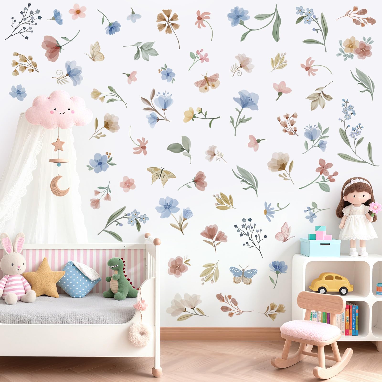 wondever Boho Watercolor Flower Wall Stickers Blue Floral Leaves Butterfly Peel and Stick Wall Art Decals for Baby Nursery Girls Bedroom TV Wall
