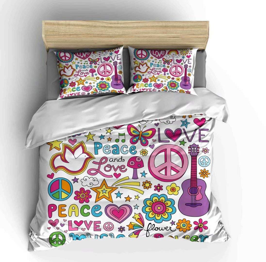 Abojoy Peace and Love Duvet Cover Set, 70s Party Theme Floral Hippie Peace Sign Colorful Flowers Gui
