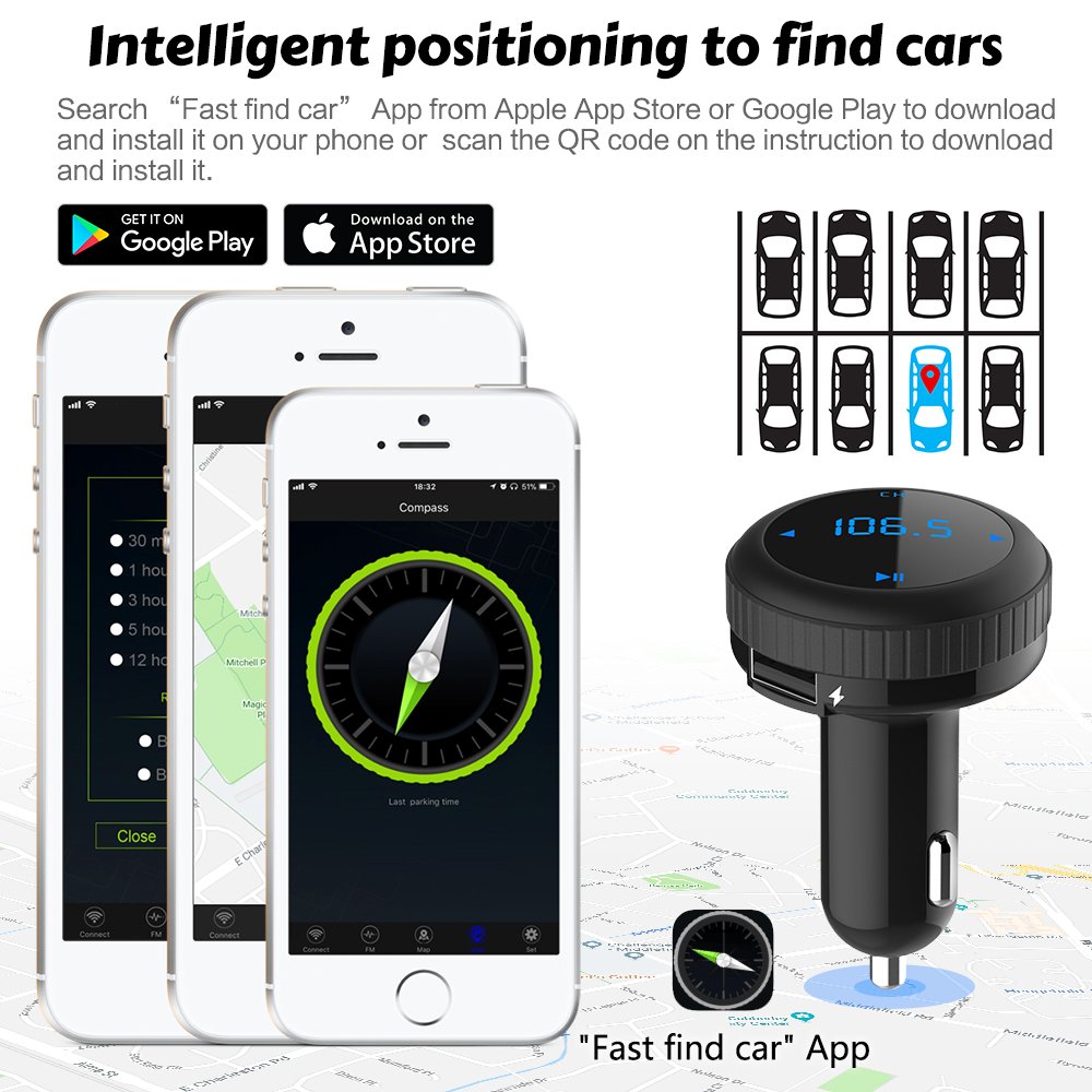 (Upgrade) Bluetooth FM Transmitter With Smart Locator,BliGli Car Charger Car Kit With 3.4A USB Charging Ports,Built-in Mic,Supports Hands-Free Call, Last Call Redial,32G TF Card/U-disk Music Playback