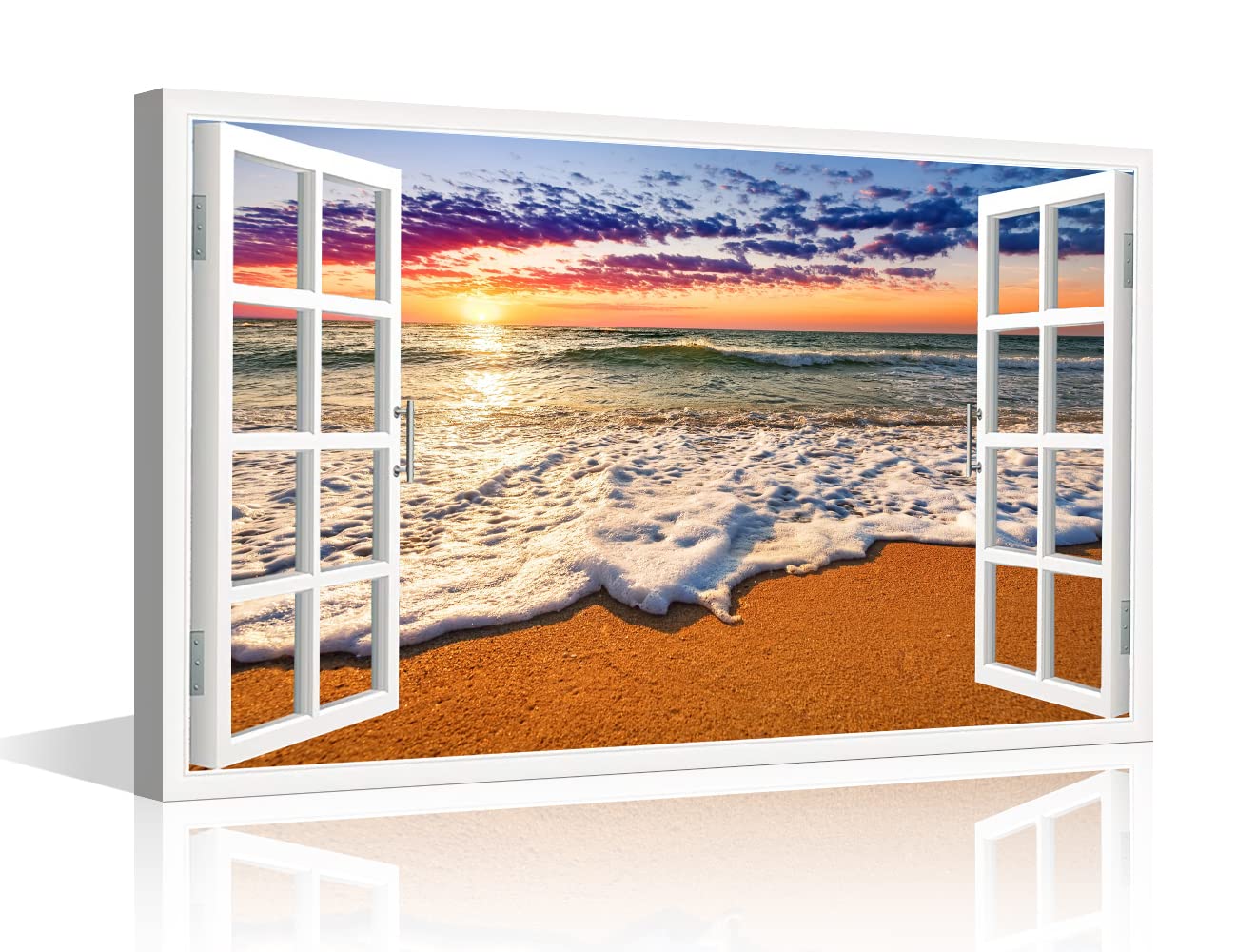 3D Open Wooden Window View Canvas Wall Art Tropical Beach Sunset Picture for Living Room Kitchen or Bedroom Modern Art wall Decor Seascape Ready to Hang(16x24in) — image 1