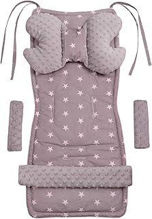 Universal Sitzauflage Kinderwagen &amp; Buggys Sitzeinglage Kinderwagendecke 5tgl Gurtpolster + Spielbogen Kinderwagenset MINKY Baumwolle Medi Partners (Sternen mit grauen Minky)