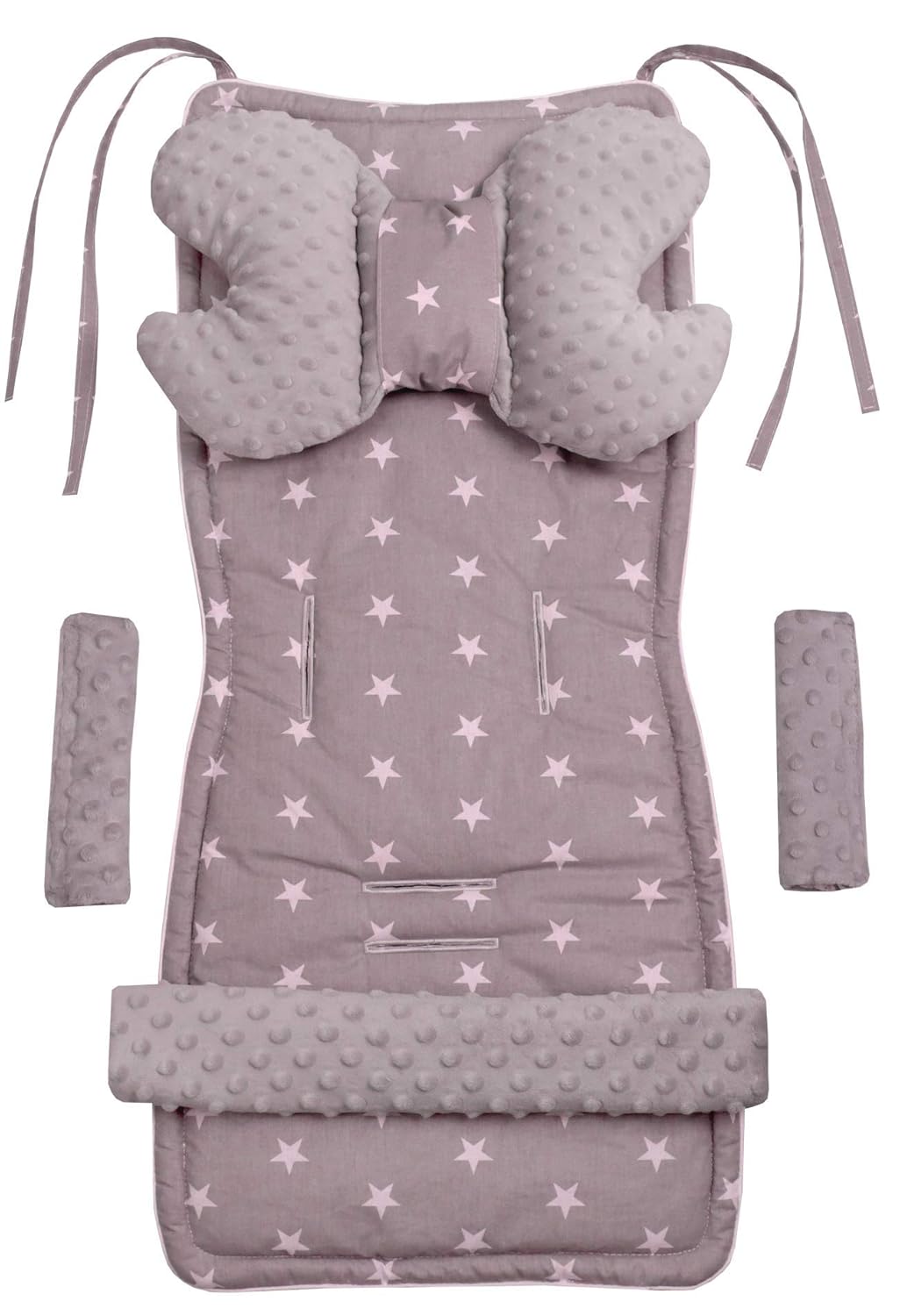 Universal Sitzauflage Kinderwagen &amp; Buggys Sitzeinglage Kinderwagendecke 5tgl Gurtpolster + Spielbogen Kinderwagenset MINKY Baumwolle Medi Partners (Sternen mit grauen Minky)