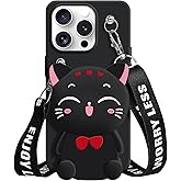 SGVAHY Wallet Case for iPhone 16 Pro with Strap Lanyard Cute Cat Black Coin Purse Funny Phone Case Kawaii Soft Silicone Shockproof Cover for Women Girls