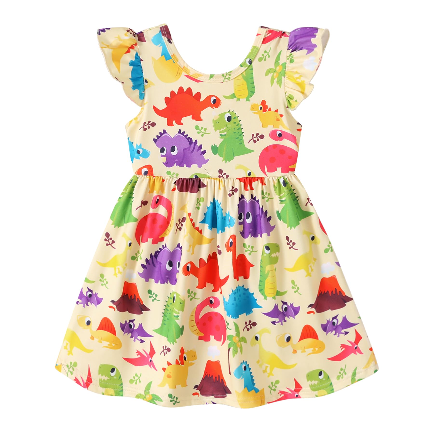 Photo 1 of Happy Town Toddler Girls Dress Summer Dinosaur Dresses Fly Sleeve Baby Girl Casual Dress (Cute Yellow, 3-4T)