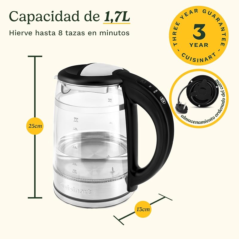 hervidor de vidrio 1,7 L con control de temperatura, hervido rápido 3 kW, exterior frío al tacto, doble pared, sin BPA, pico antigoteo, base 360°, apagado automático y pantalla táctil