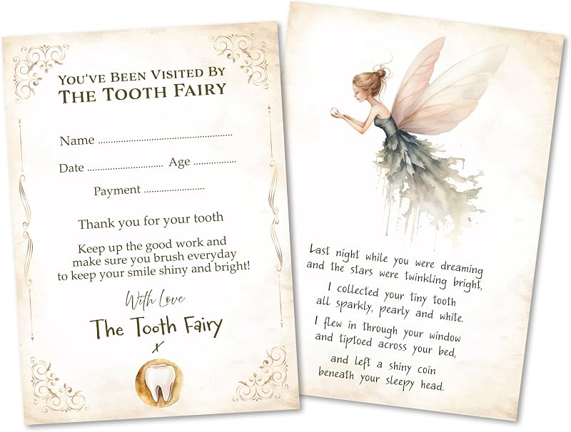 PartiKraft Pack of 10 Tooth Fairy Certificates A6 Rustic Watercolour Matte