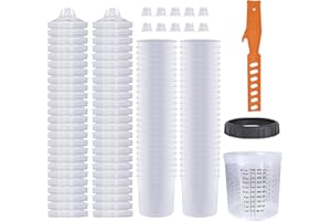 COLODSUHEY Disposable Paint Sprayer Gun Cup 20 Ounce(600ML) Kit with 50 Cups and Lids System, 1 Hard Cup with Retainer Ring, 10 Plugs and 1 Paint Stirrer for Automotive Commercial Coatings