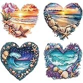 arricraft 4 Pcs Ocean Theme Iron on Decals Patches, 4 Sizes Heart Shapes Iron on Stickers Starfish, Seashells Heat Transfer Stickers Plastic Washable Patches for DIY Clothes Decor Backpacks Cover