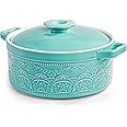Elsjoy 2 Quart Ceramic Casserole Dish with Lid, 7.5 Inch Round Covered Casserole Pot Oven Safe Glazed Ceramic Baking Dish, Lace Emboss Bakeware Stew Pot for Soup, Dinner, Non-Stick