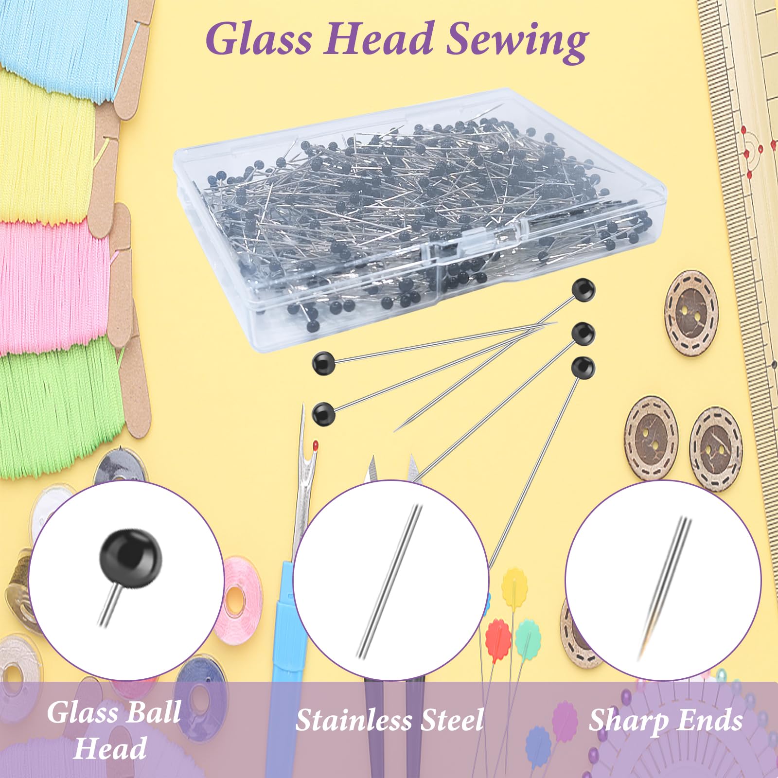 Sunenlyst Sewing Pins, 500 Pcs Straight Pins Ball Glass Head Pin with 1.5 Inch, Quilting Pins for Fabric, Black Pin for Jewelry DIY, Craft and Sewing Supplies