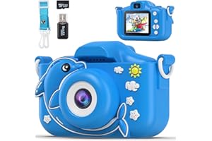 Qemixly Kids Camera Toys with Cartoon Silicone Cover, Digital Mini Camera for 3 4 5 6 7 8 9 10 11 12 Year Old Boys Girls Birthday Chirstmas Gifts Ideas - 1080P and 32G SD Card (Dolphin Blue)