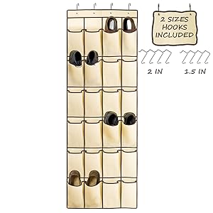 Ziz Home Over The Door Shoe Organizer | 24 Large Pockets with 2 x 4 Hooks | Heavy Duty Fabric | Hanging Shoe Rack Over The Door | Hanging Shoe Organizer for Closet Shoes Storage | Hang On Behind Back
