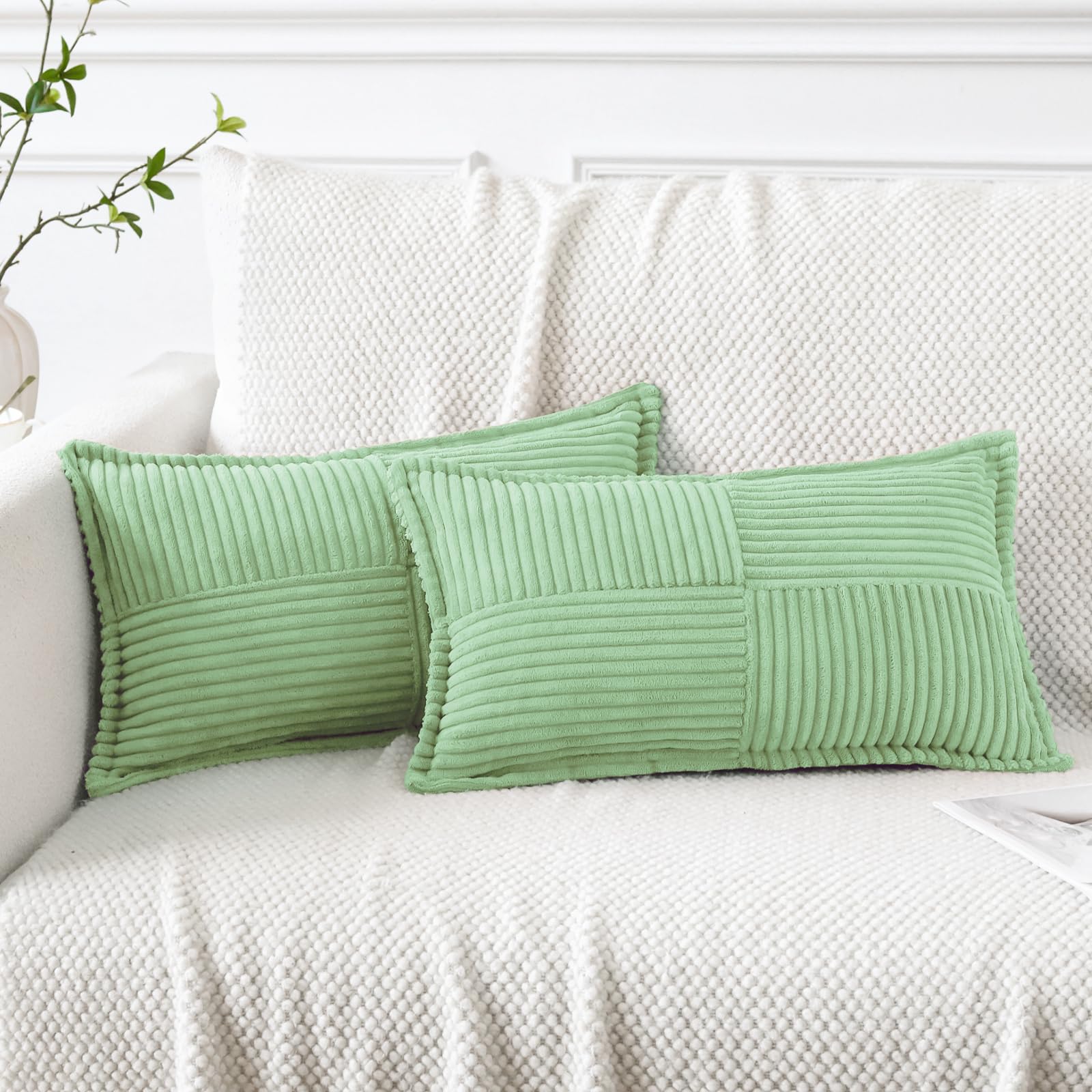 Artscope Corduroy Cushion Covers Pack of 2 Modern Patchwork Throw Pillow Covers Soft Pillowcase Broadside Decorative Textured Cushions for Home decor Sofa Bedroom Couch Sage Green 30x50cm — image 1