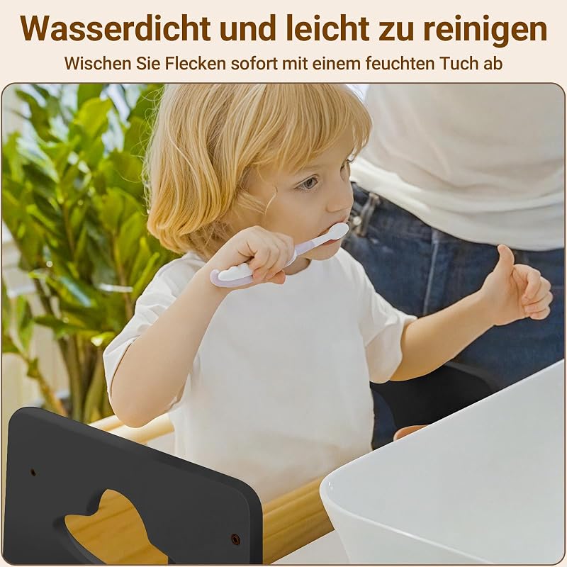 Lernturm ab 1 Jahr - Höhenverstellbarer Learning Tower für Kinder (3-stufig) - Montessori mit Kippschutz & Massivholz (Dunkelgrau und Holz)