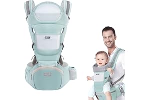 Huifen Baby Carrier with Hip Seat, Multi-Functional 9 in 1 Baby Wrap Carrier Newborn to Toddler for All Seasons Ergonomic Baby Sling Carrier Hands Free Baby Backpack Carrier Baby 7-45 lbs (Green)