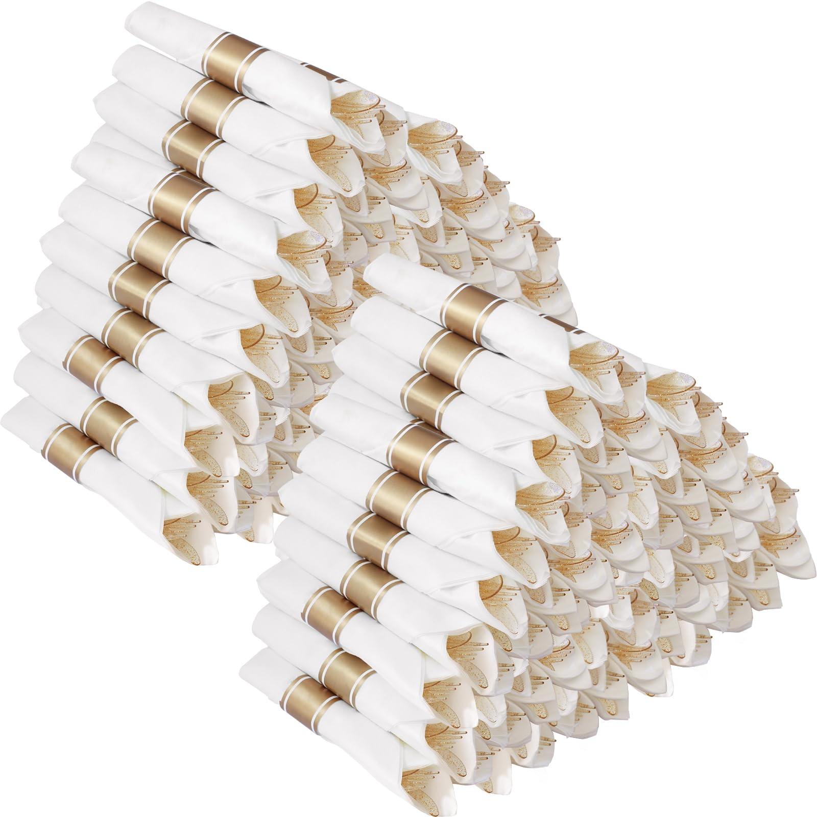 Photo 1 of Goodluck 100 Pack Pre Rolled Gold Glitter Plastic Silverware, Wrapped Cutlery Set with Napkin Include 100 Forks, 100 Knives, 100 Spoons and 100 Napkins, Fancy Disposable Silverware for Party, Wedding