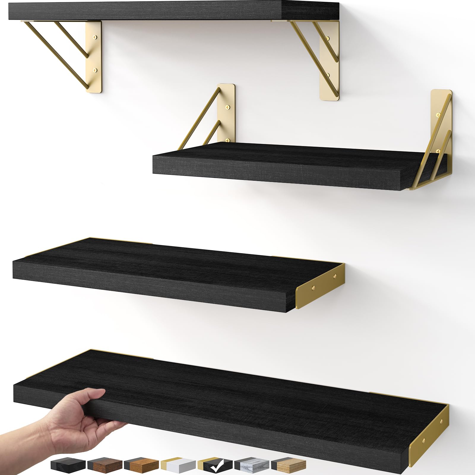 Photo 1 of BAYKA Floating Shelves for Bedroom Decor, Wall Shelves for Storage, Wall Mounted Rustic Wood Floating Shelf for Books,Corner Shelf for Bathroom,Kitchen,Living Room(Black and Gold?Set of 4)
