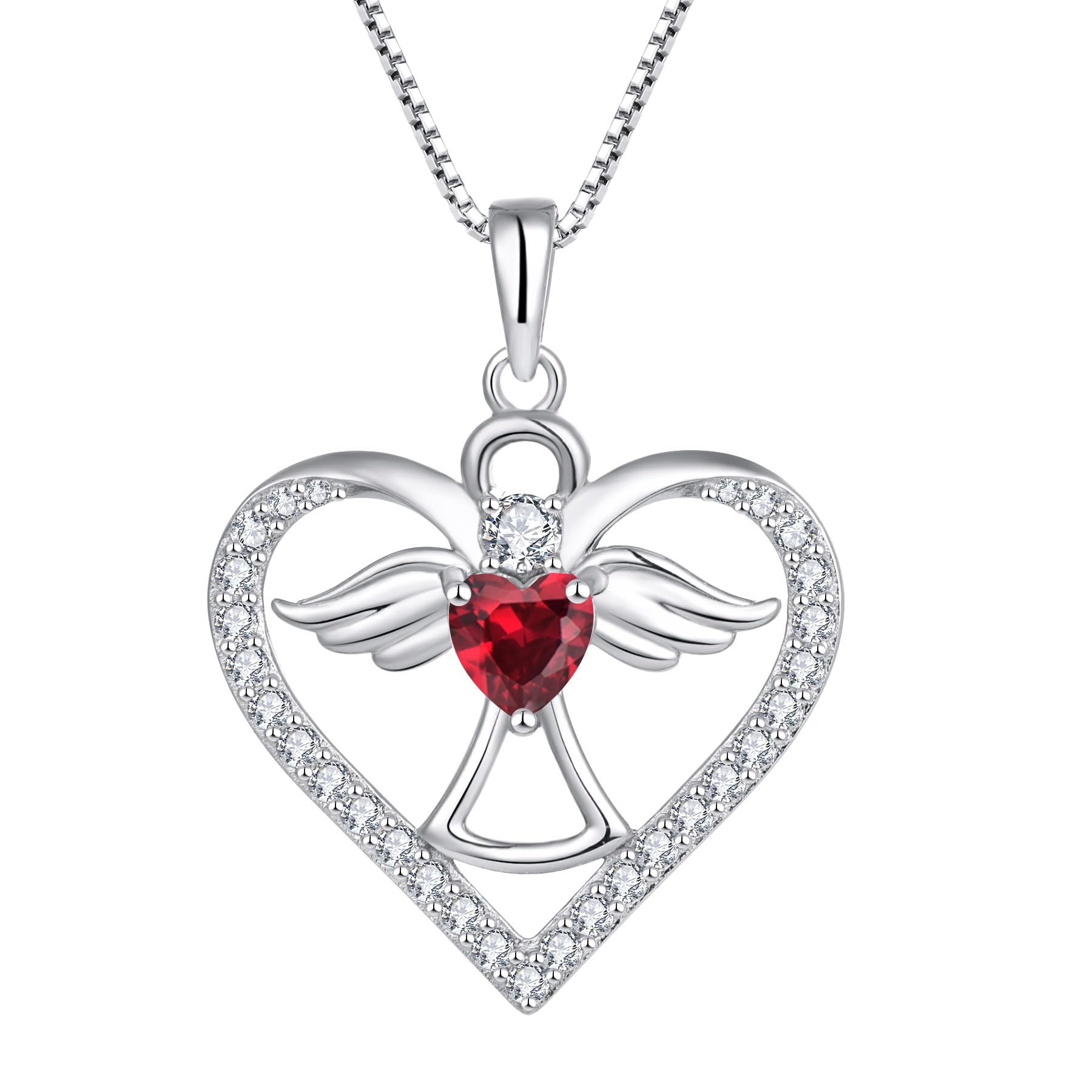 FJ Guardian Angel Necklace 925 Sterling Silver Heart Angel Wings Pendant July Birthstone Necklace Ruby Jewellery for Women