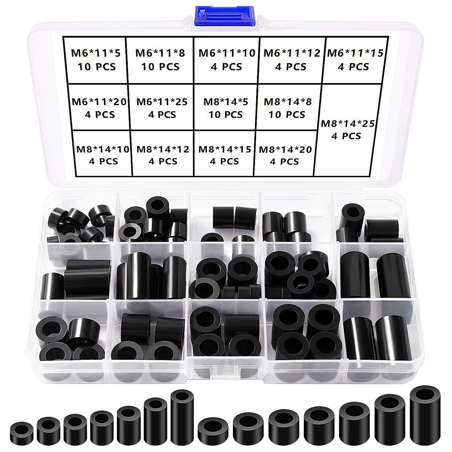 YIXISI 80 PCS ABS Round Spacer Assortment Kit, for M6 / M8 Screws, Non Threaded Column Standoff Support Spacer, OD 11/14 mm, Black