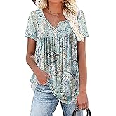 Rainoop Womens Summer Plus Size Tops Blouses Short Sleeve Shirts Lace Pleated Tunic Tops M-4XL