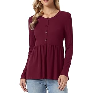 Allegra K Babydoll Tops for Women's Casual Fall Ruffle Peplum Top | Babydoll, Round Neck, Long Sleeves, Ribbed Knit Blouses,