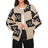Saodimallsu Womens Checkered Sweater Bow Color Block Plaid Cardigan Long Sleeve Button Open Front Knit Coat