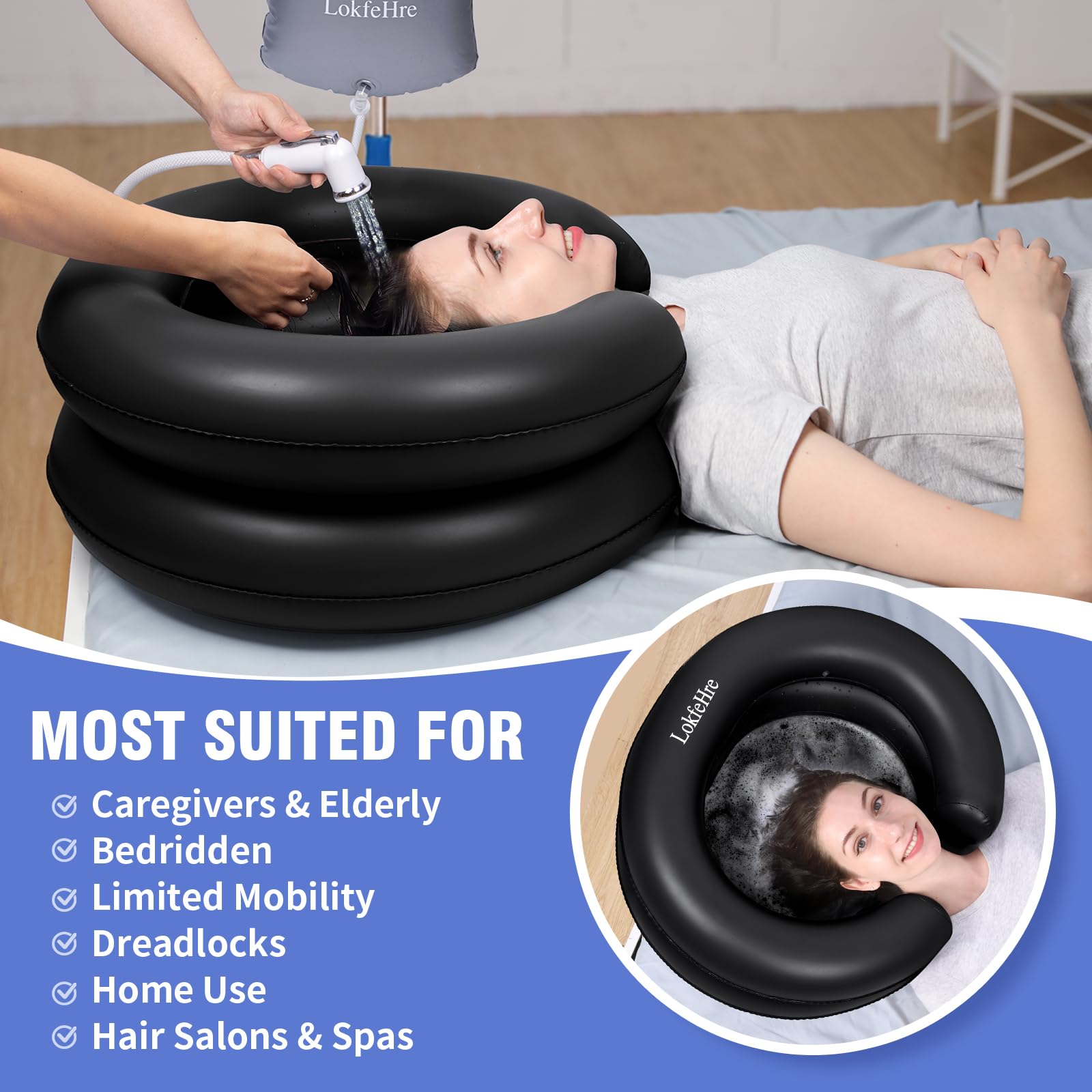 Large Portable Inflatable Hair Washing Basin for Bedridden - Wash Hair in Bed with Inflatable Shampoo Bowl.For Elderly,Disabled,Injured,Ideal Inflatable Sink for Locs Detox (Black)
