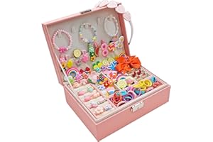 SEUNKIEER Jewelry Box with Hair Accessories for Girls, Hair Clips/Barrettes/Hair Ties/Bows/Toy Rings/Bracelets/Earrings/Hair Ropes/Hair Elastics, Gift Toys for Teen, Girls aged 4 5 6 7 8-12