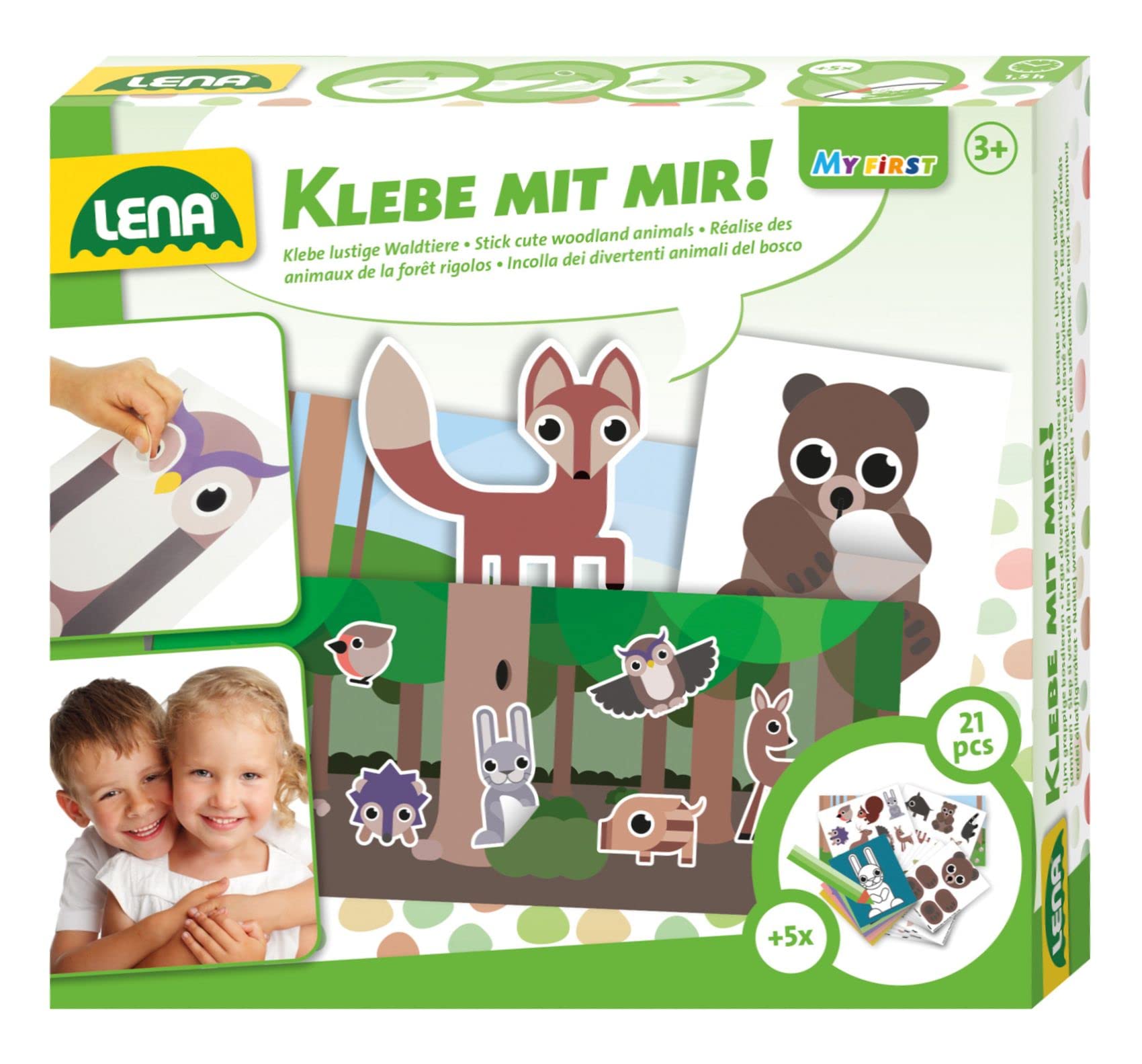 Lena 42631 - My First craft set to paste forest animals, complete set with 2 forest pictures and 24 animals to paste, for children from 3 years, 3 levels of difficulty