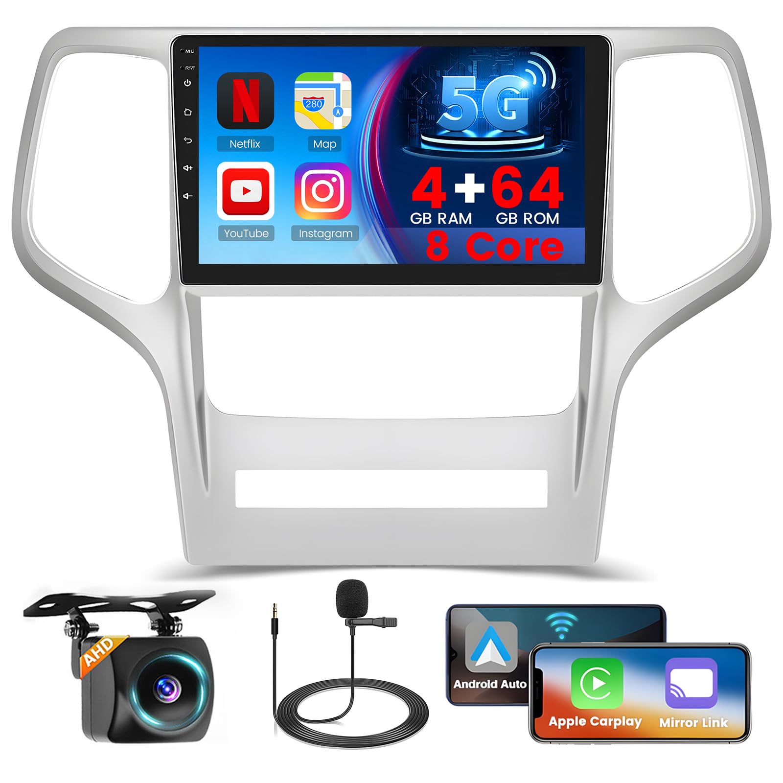 Photo 1 of 5G WiFi [8-Core 4+64G] Hikity Android 15 Car Stereo for Jeep Grand Cherokee 2008-2013 Wireless Carplay Android Auto, 9" Touchscreen Radio GPS Bluetooth Mirror Link FM/RDS/32EQ/DSP SWC Backup Cam 59UI